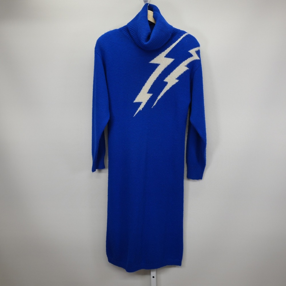 Vintage John Richard Blue Lightning Bolt Turtleneck Sweater Dress Medium 080